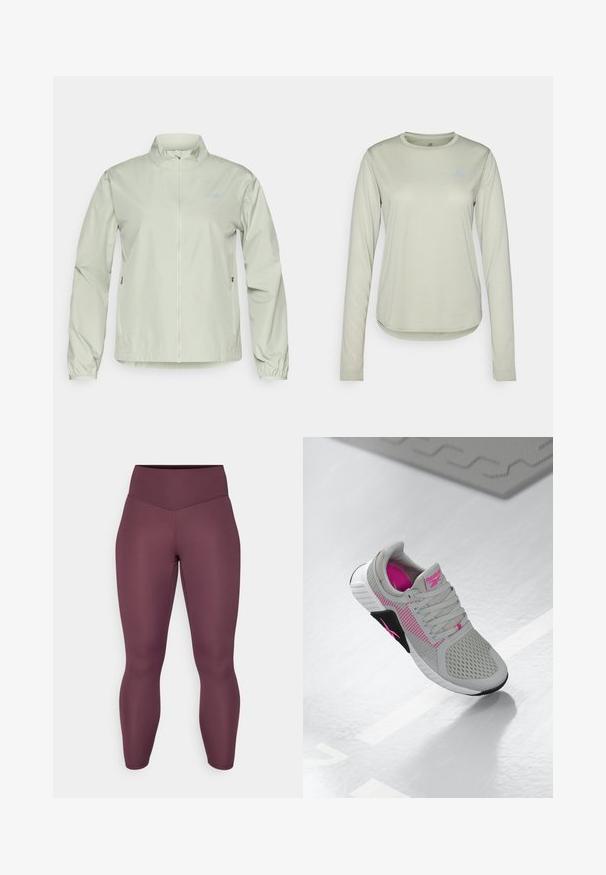 Chaqueta cortavientos verde claro con cuello alto, cierre de cremallera en la parte delantera, puños elásticos y bolsillos laterales; textura de tela suave y resistente al agua.; Camisa de manga larga color verde claro hecha de tela texturizada, con un escote redondo y un pequeño logotipo en el área del pecho izquierdo.; Leggings de tiro alto y ajustados en un rico color burdeos. Fabricados con un tejido suave y elástico sin patrones visibles ni herrajes.; Zapatilla deportiva Reebok en gris y rosa con parte superior de malla y suela detallada, exhibida sobre una superficie blanca reflexiva.
