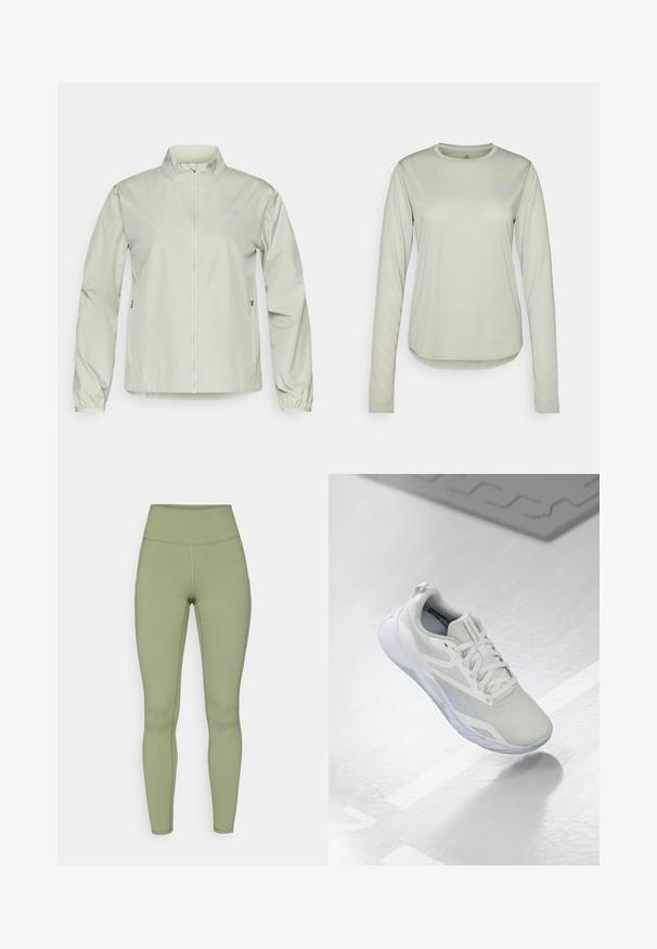 Šviesiai žalia vėjo ktavička su aukšta apykakle, užtrauktuku priekyje, elastingais rankogaliais ir šoninėmis kišenėmis; lygi, vandeniui atspari medžiaga.; Šviesiai žalia ilgomis rankovėmis marškinėliai, pagaminti iš tekstūruoto audinio, su apvalia iškirpte ir mažyčiu logotipu kairėje krūtinės pusėje.; Aukštos juosmens leggingai alyvų žalios spalvos. pagaminti iš elastingos medžiagos su lygiu paviršiumi, su siūlėmis palei kojas.; Baltos sportinės batai su tinkleliu viršuje, paminkštintu liežuvėliu ir baltu guminiu padu. Išskirtiniai akcentai apima šviesiai pilkus detalizavimus ir kilpos juostą.