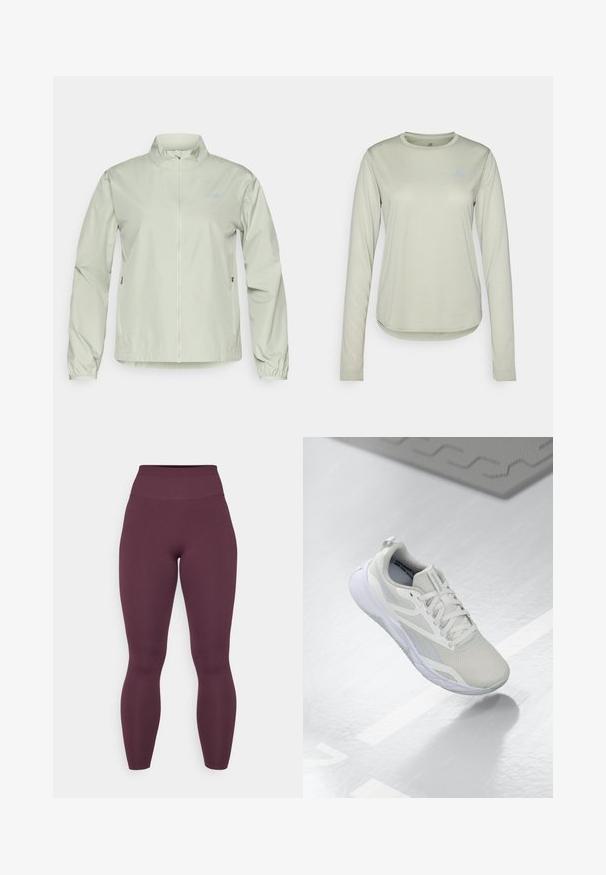 Hele roheline tuuletõke jakk, millel on püsti seisev krae, lukuga esiosa, elastsed mansetid ja küljetaskud; sile, veekindel kangastekstuuri.; Kerge roheline pikkade varrukatega särk, mis on valmistatud tekstuuriga kangast, millel on ümmargune kaelus ja väike logo vasakul rinnaosal.; Burgundi kõrge talje ja venivast kangast retuusid. Täispikkusega disain, taljeosas ilma seameta, nähtamatut riistvara ega mustreid.; Valge sportlik king, millel on võrkmaterjalist ülaserv, pehmendatud keel ja valge kummitald. Märkimisväärsed aktsendid hõlmavad heledat halli detaili ja tõmblinti.