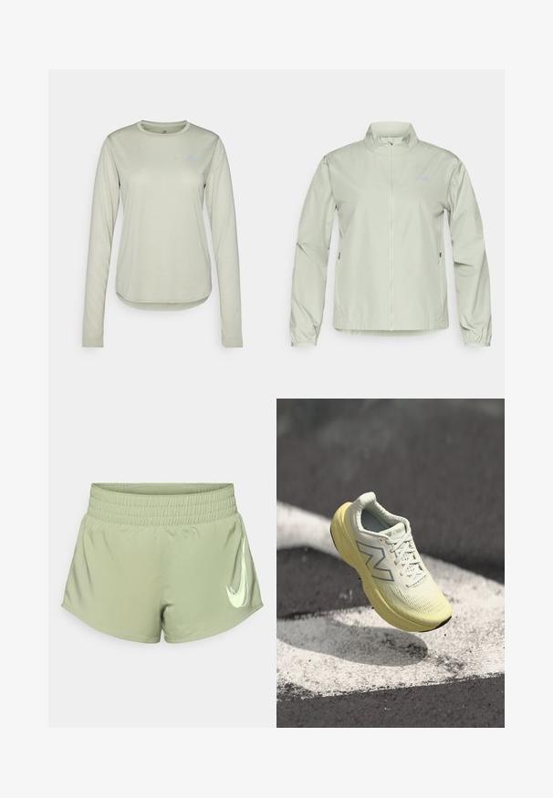Casaco corta-vento verde claro com gola alta, fecho éclair à frente, punhos elásticos e bolsos laterais; textura do tecido suave e resistente à água.; Camisa de manga longa de cor verde clara, feita de um tecido texturizado, com um decote redondo e um pequeno logótipo na área do peito esquerdo.; Calções atléticos verde-claro com uma cintura elástica, apresentando um proeminente logo da Nike em branco no canto inferior direito.; Sapatilha de corrida amarelo claro com um superior texturizado, atacadores e uma sola acolchoada. Apresenta um logotipo prateado na lateral e um design elegante.