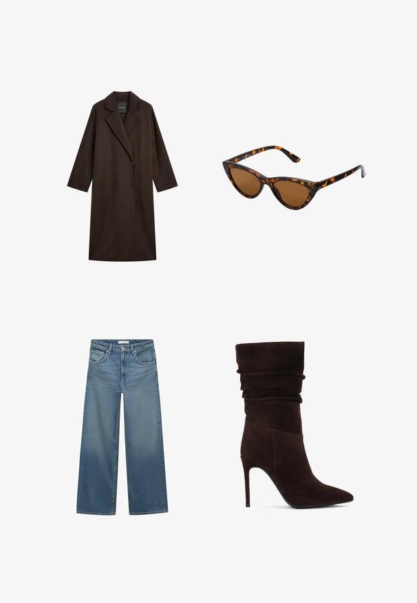 Hnědý dlouhý kabát s dvouřadým zapínáním, velkými klopami a příliš širokými rukávy. Vyroben z texturované tkaniny, s dvěma černými knoflíky.; Hnědý top bez ramínek s dlouhými rukávy, který má zkroucený design látky a stříbrný akcent ve tvaru srdce na výstřihu.; Světle modré široké džíny vyrobené z denimu, s polovičním pasem, dvěma předními kapsami a klasickými stehy.; Hnědé semišové kotníkové boty s uvolněným vrškem, špičatou špičkou a vysokým jehlovým podpatkem. Disponují texturovaným povrchem a hladkým siluetou.; Sluneční brýle ve stylu kočičích očí s černo-oranžovým želvovinovým rámem, hnědými skly a elegantními, špičatými konci. Obsahují minimalistické logo na straně.