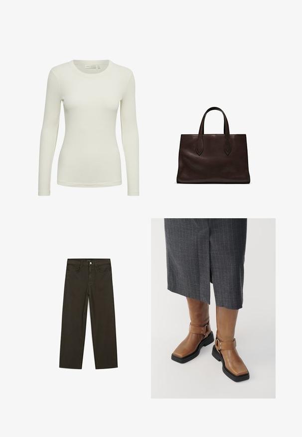 Brauner langer Mantel mit doppelter Knopfleiste, großen Revers und übergroßen Ärmeln. Hergestellt aus strukturiertem Stoff, mit zwei schwarzen Knöpfen.; Langärmliges, geripptes Oberteil in Off-White, mit Rundhalsausschnitt und figurbetontem Design. Hergestellt aus einem weichen, glatten Material mit einer dezenten Textur.; Dunkelgrüne Jeans im weit geschnittenen Style, hergestellt aus einem Baumwollgemisch. Sie verfügen über einen Frontknopfverschluss, fünf Taschen und klassische Denim-Nähte.; Braune Lederknief boots mit quadratischer Spitze, schwarzem Gummisohle und verstellbarem Riemen mit Schnalle. Tragen mit einem grauen Nadelstreifenrock.; Braune Ledertasche mit zwei langen Griffen, strukturierte rechteckige Form, glatte Textur und dezente Nähdetails.