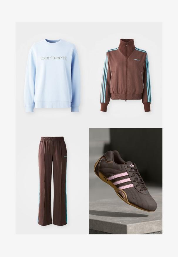Barna cipzáras dzseki bordázott textúrával, türkiz színű háromcsíkos díszítéssel a vállakon és ujjakon, valamint hímzett logóval.; Világoskék, kereknyakú pulóver, puha anyagból készült, a mellrészen egy jellegzetes ezüst hímzett "carhartt" logóval.; Barna sportnadrág bordázott textúrával, rugalmas derékpánttal és türkiz oldalsávokkal. Az elején az adidas logóval rendelkezik.; Barna velúr sportcipő rózsaszín csíkokkal és logóval, texturált felsőrésszel, fűzős záródással és gumi talppal.