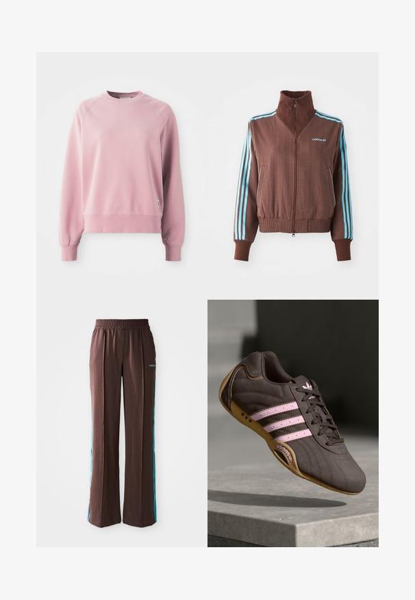Brun zip-up jakke med ribbet tekstur, med turkise tre-stripe aksenter på skuldre og ermer, samt et brodert logo.; Lys rosa crewneck hettegenser med raglanermer, ribbede mansjetter og hem, laget av et mykt stoff. Har et lite logomerke på siden.; Brune sporty bukser med ribbet tekstur, elastisk talje og turkise side striber. Har adidas-logoet på forsiden.; Brune suede atletik sko med rosa striper og logo, med en teksturert overdel, snøring og såle i gummigummi.