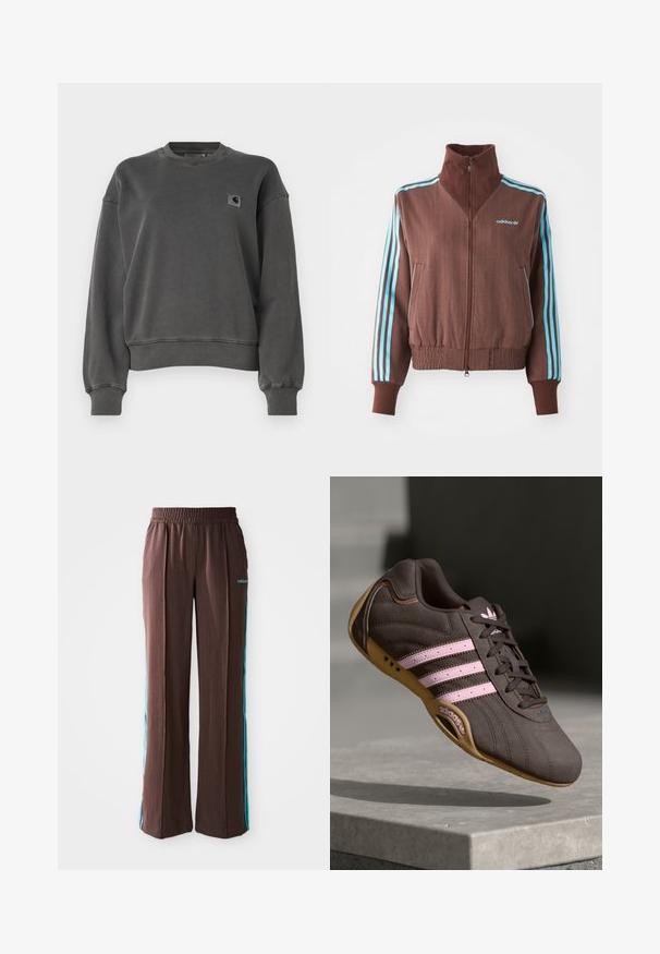 Brown zip-up jacket with a ribbed texture, featuring turquoise three-stripe accents on shoulders and sleeves, and an embroidered logo.; Carhartt WIP NELSON - Sweatshirt - graphite; Brown athletic pants with a ribbed texture, elastic waistband, and turquoise side stripes. Features the adidas logo on the front.; Brown suede athletic shoe with pink stripes and logo, featuring a textured upper, lace closure, and a gum rubber sole.