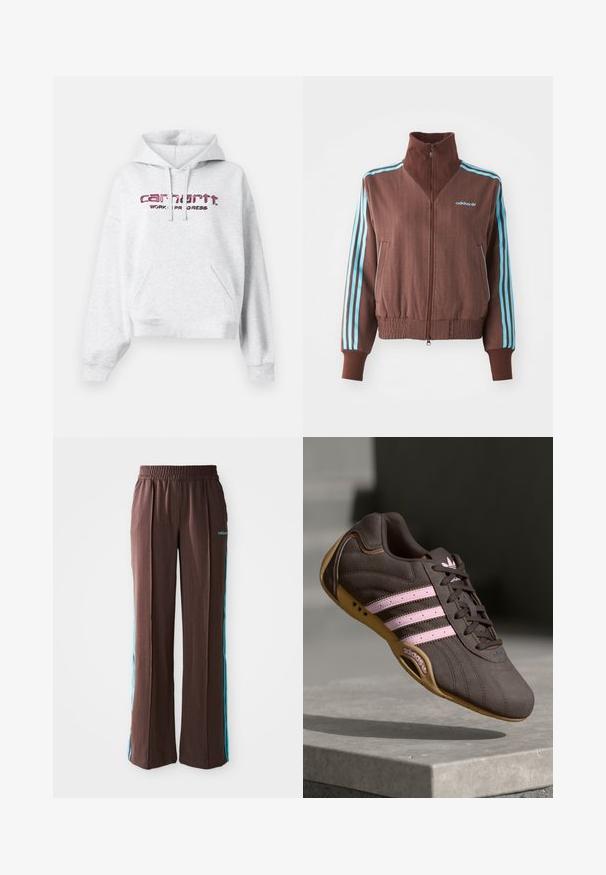 Giacca marrone con zip e texture a coste, dotata di accenti turchesi a tre strisce sulle spalle e sulle maniche, e un logo ricamato.; Felpa grigia in tessuto felpato, con tasca a marsupio, cappuccio con cordino e logo "carhartt" ricamato in rosa con la scritta "WORK IN PROGRESS".; Pantaloni sportivi marroni con texture a coste, vita elastica e strisce laterali turchesi. Presentano il logo adidas sul davanti.; Scarpa atletica in suede marrone con strisce e logo rosa, dotata di una tomaia testurizzata, chiusura con lacci e suola in gomma color miele.