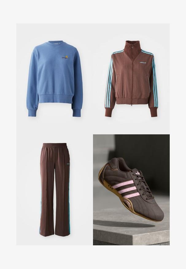 Brown zip-up jacket with a ribbed texture, featuring turquoise three-stripe accents on shoulders and sleeves, and an embroidered logo.; Blue cotton sweatshirt with ribbed cuffs and hem. Features a small embroidered logo on the chest. Crew neckline, casual fit.; Brown athletic pants with a ribbed texture, elastic waistband, and turquoise side stripes. Features the adidas logo on the front.; Brown suede athletic shoe with pink stripes and logo, featuring a textured upper, lace closure, and a gum rubber sole.