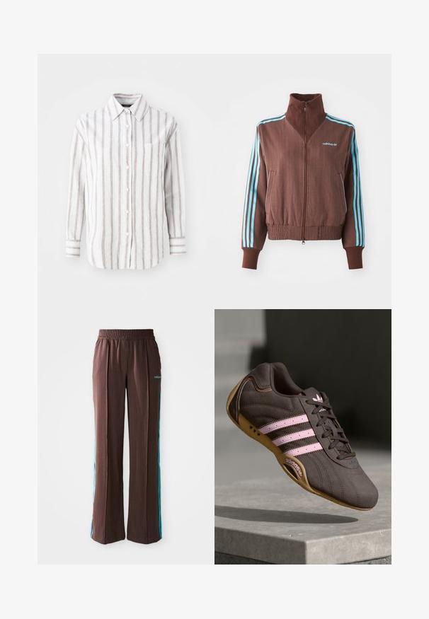 Bruine zip-up jas met een geribbelde textuur, voorzien van turquoise drie-strepen accenten op de schouders en mouwen, en een geborduurd logo.; Witte overhemd met verticale bruine strepen, lange mouwen, een kraag en een borstzak. Katoenen stof met een zachte textuur.; Bruine sportbroek met een ribbelstructuur, elastische tailleband en turquoise zijstrepen. Voorzien van het adidas-logo aan de voorkant.; Bruine suède sport schoen met roze strepen en logo, voorzien van een gestructureerde bovenkant, vetersluiting en een gumrubberen zool.