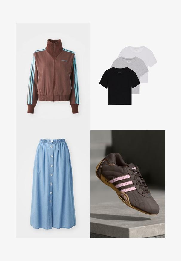 Jachetă maro cu fermoar, cu o textură nervurată, având accente turquoise cu trei dungi pe umeri și mâneci, și un logo brodat.; Set de trei tricouri cu mâneci scurte, în negru, gri și alb. Fabricate din bumbac, cu guler rotund și un design simplu, de culoare uniformă.; Fustă din denim de culoare albastru deschis, cu un talie elastică și o serie de șase butoane pe față. Lungime până la genunchi, cu un design liber și fluid.; Pantofii sport din nubuc maro cu dungi și logo roz, având un material superior texturat, închidere cu șireturi și o talpă din cauciuc gumos.