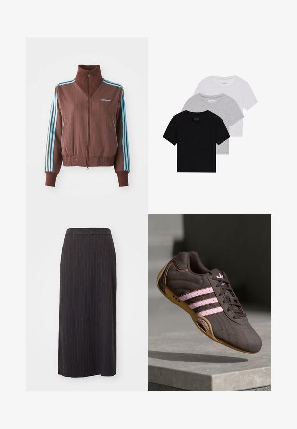 Brązowa kurtka zapinana na zamek z ryflowaną teksturą, z turkusowymi trójpaskowymi akcentami na ramionach i rękawach oraz haftowanym logo.; Zestaw trzech koszulek z krótkim rękawem w kolorze czarnym, szarym i białym. Wykonane z bawełny, z okrągłym dekoltem i prostym, jednolitym wzorem.; Czarna spódnica midi w prążki z prostą sylwetką, charakteryzująca się gładką fakturą i pasem na górze. Zawiera detal w postaci rozcięcia po boku.; Brązowy zamszowy but sportowy z różowymi paskami i logo, z teksturowaną cholewką, sznurowaniem i gumową podeszwą.