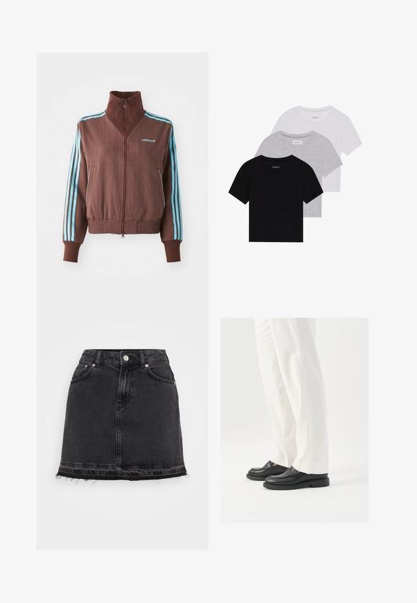 Rjava zadrgo jakna z rebrastim teksturo, ki ima turkizne tri črte na ramenskem in rokavskem delu ter vezeno logo.; Komplet treh majic s kratkimi rokavi v črni, sivi in beli barvi. Izdelane iz bombaža, z okroglim izrezom in preprostim, enobarvnim dizajnom.; Črna jeans mini krila s pravo silhueto, ki vključuje sprednje žepke, kovinsko zapiranje na gumb in raztrgane robove.; Črne usnjene loaferje z gladko teksturo, šivi in zaobljenim prstom, pomešane z belimi krojenimi hlačami.