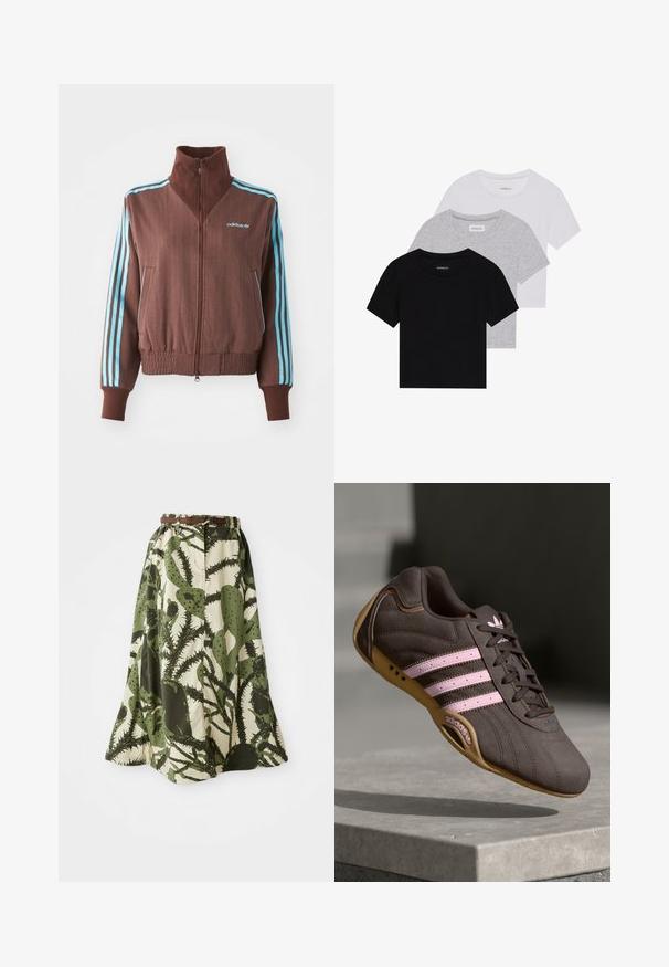 Barna cipzáras dzseki bordázott textúrával, türkiz színű háromcsíkos díszítéssel a vállakon és ujjakon, valamint hímzett logóval.; Három rövidujjú póló készlet fekete, szürke és fehér színben. Pamutból készült, kerek nyakú, egyszerű, egyszínű dizájnnal.; Hosszú szoknya zöld és krém színű kaktusz mintával, húzott derékkal és barna övvel a rögzítéshez.; Barna velúr sportcipő rózsaszín csíkokkal és logóval, texturált felsőrésszel, fűzős záródással és gumi talppal.