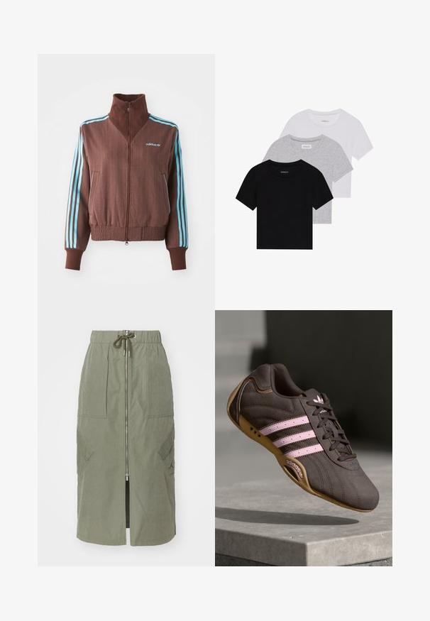 Brūns jaku ar pievilkšanas rāvējslēdzēju, ar ribu tekstūru, kam ir tirkīza trīs svītru akcenti uz pleciem un piedurknēm, kā arī izšūta logo.; Trīs īsām piedurknēm T-krekli melnā, pelēkā un baltā krāsā. Izgatavoti no kokvilnas, ar apaļu kakla izgriezumu un vienkāršu, viendabīgu krāsas dizainu.; Olīvzaļš midi svārki, izgatavoti no viegla auduma, ar priekšējo rāvējslēdzēju, elastīgu jostasvīru un lielām sānu kabatām ar stūra vāciņiem.; Brūni zamšādas sporta apavi ar rozā svītrām un logo, ar teksturētu virsmu, šņorēšanas aizdari un gumijas zoli.