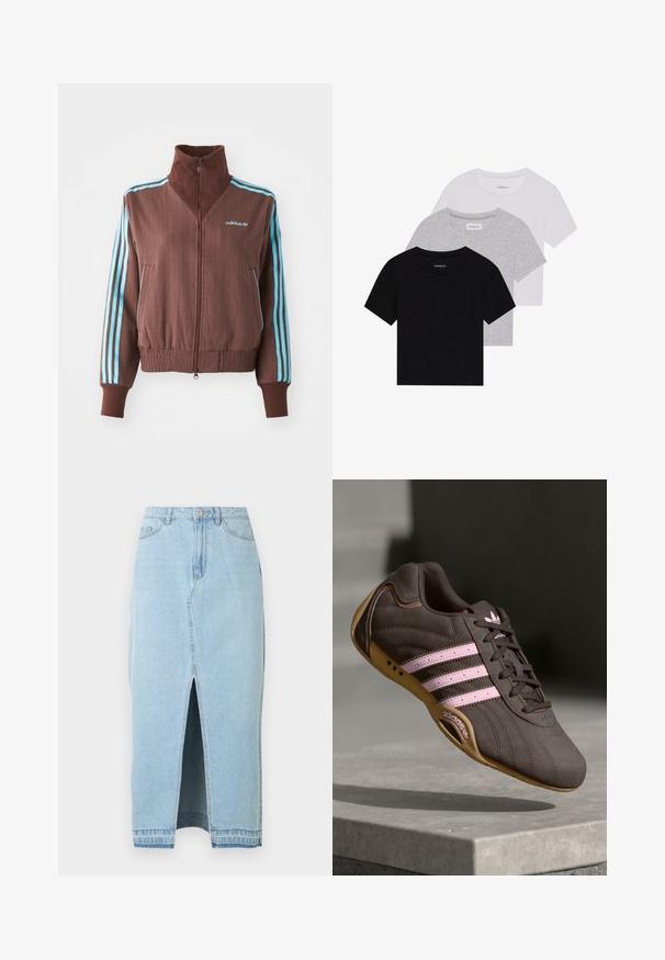 Brown zip-up jacket with a ribbed texture, featuring turquoise three-stripe accents on shoulders and sleeves, and an embroidered logo.; Set of three short-sleeve t-shirts in black, gray, and white. Made from cotton, featuring a crew neck and a simple, solid color design.; Denim skirt in light blue with a front slit and a waistband. Features traditional five-pocket design and metal button closure.; Brown suede athletic shoe with pink stripes and logo, featuring a textured upper, lace closure, and a gum rubber sole.