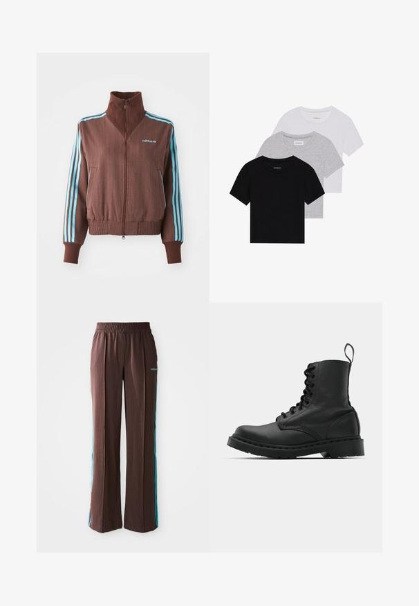 Bruine zip-up jas met een geribbelde textuur, voorzien van turquoise drie-strepen accenten op de schouders en mouwen, en een geborduurd logo.; Set van drie korte mouwen t-shirts in zwart, grijs en wit. Gemaakt van katoen, met een ronde hals en een eenvoudig, effen kleurontwerp.; Bruine sportbroek met een ribbelstructuur, elastische tailleband en turquoise zijstrepen. Voorzien van het adidas-logo aan de voorkant.; Zwarte leren gevechtslaars met een ronde neus, vetersluiting aan de voorkant en een lusje bij de enkel. Kenmerkt zich door een dikke rubberen zool voor duurzaamheid.