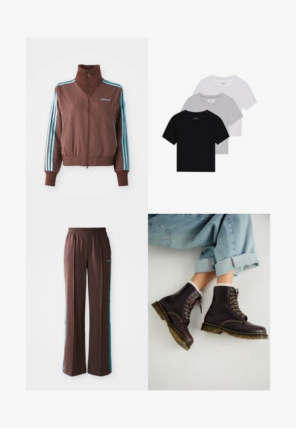 Brown zip-up jacket with a ribbed texture, featuring turquoise three-stripe accents on shoulders and sleeves, and an embroidered logo.; Set of three short-sleeve t-shirts in black, gray, and white. Made from cotton, featuring a crew neck and a simple, solid color design.; Brown athletic pants with a ribbed texture, elastic waistband, and turquoise side stripes. Features the adidas logo on the front.; Brown leather ankle boots with lace-up design, fur lining, yellow stitching, and chunky rubber soles. Worn with rolled light blue jeans.