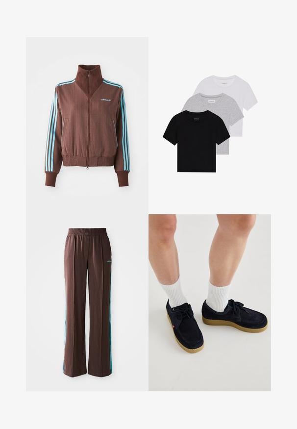 Jachetă maro cu fermoar, cu o textură nervurată, având accente turquoise cu trei dungi pe umeri și mâneci, și un logo brodat.; Set de trei tricouri cu mâneci scurte, în negru, gri și alb. Fabricate din bumbac, cu guler rotund și un design simplu, de culoare uniformă.; Pantaloni atletici maro cu textură canelată, talie elastică și dungi turcoaz pe lateral. Prezintă logo-ul adidas pe față.; Pantofi din suede albastru marin, cu vârful rotund, design cu șireturi și talpă din cauciuc de culoare crem. Asortați cu șosete albe cu bandă în relief.