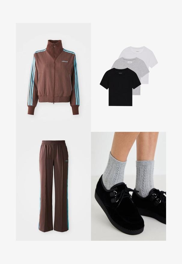 Giacca marrone con zip e texture a coste, dotata di accenti turchesi a tre strisce sulle spalle e sulle maniche, e un logo ricamato.; Set di tre t-shirt a maniche corte in nero, grigio e bianco. Realizzate in cotone, presentano un collo a giro e un design semplice in un colore solido.; Pantaloni sportivi marroni con texture a coste, vita elastica e strisce laterali turchesi. Presentano il logo adidas sul davanti.; Scarpe in velluto nero con suola piatta, punta rotonda e doppie asole. Indossate con calzini grigi a maglia cable. Texture liscia e design semplice.
