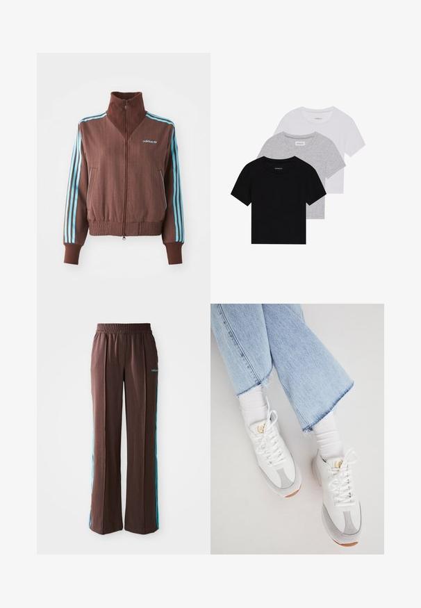 Ruskea vetoketjullinen takki, jossa on ribattu pinta, jossa on turkooseja kolmi-nauhoja olkapäillä ja hihoissa sekä brodeerattu logo.; Kolm lyhythihaista t-paitaa mustana, harmaana ja valkoisena. Valmistettu puuvillasta, jossa on pyöreä kaula-auko ja yksinkertainen, tasavärinen muotoilu.; Ruskeat urheiluhousut, joissa on ribattu rakenne, joustava vyötärö ja turkoosit sivusuunnat. Edessä on adidas-logo.; Valkoiset tennarit harmailla yksityiskohdilla, valmistettu nahasta ja mokasta. Varustettu teksturoidulla pinnalla, nauhoilla ja kumipohjalla. Yhdistetty vaaleansinisiin cropped-farkkuihin.