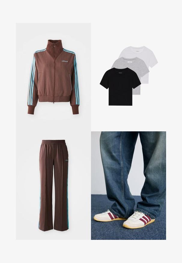 Brūns jaku ar pievilkšanas rāvējslēdzēju, ar ribu tekstūru, kam ir tirkīza trīs svītru akcenti uz pleciem un piedurknēm, kā arī izšūta logo.; Trīs īsām piedurknēm T-krekli melnā, pelēkā un baltā krāsā. Izgatavoti no kokvilnas, ar apaļu kakla izgriezumu un vienkāršu, viendabīgu krāsas dizainu.; Brūni sporta bikses ar ribotu faktūru, elastīgu jostasvietu un tirkīza sānu svītrām. Priekšpusē ir adidas logo.; Baltas sporta apavus ar bordo svītrām, teksturētu ādu un sietu, apvienojot ar brīva piegriezuma zilo džinsu biksēm. Mīkstas gumijas zoles, ikdienišķs stils.
