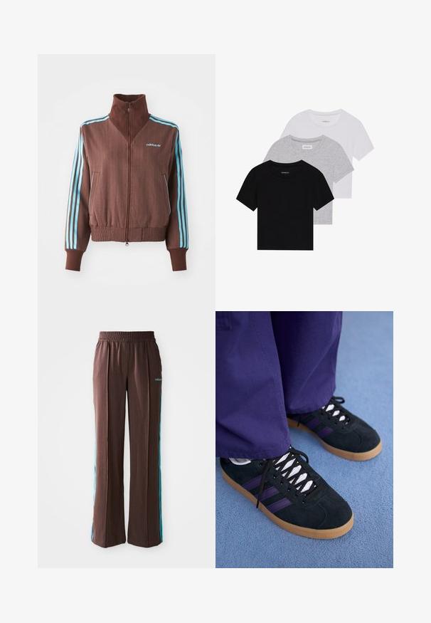 Casaco castanho com fecho éclair e textura canelada, apresentando detalhes em turquesa com três riscas nos ombros e mangas, além de um logótipo bordado.; Conjunto de três t-shirts de manga curta nas cores preto, cinza e branco. Feitas em algodão, com gola redonda e um design simples, em cores sólidas.; Calças atléticas castanhas com uma textura canelada, cintura elástica e riscas laterais turquesa. Apresentam o logo da adidas na frente.; Tênis de camurça pretos com riscas roxas, atacadores brancos e solas de borracha. Usados com calças roxas largas, em frente a um fundo azul.