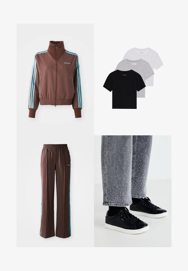 Ruskea vetoketjullinen takki, jossa on ribattu pinta, jossa on turkooseja kolmi-nauhoja olkapäillä ja hihoissa sekä brodeerattu logo.; Kolm lyhythihaista t-paitaa mustana, harmaana ja valkoisena. Valmistettu puuvillasta, jossa on pyöreä kaula-auko ja yksinkertainen, tasavärinen muotoilu.; Ruskeat urheiluhousut, joissa on ribattu rakenne, joustava vyötärö ja turkoosit sivusuunnat. Edessä on adidas-logo.; Mustat nahkakengät, joissa on valkoiset kumipohjat ja teksturoidut koristeet. Yhdistetty harmaan farkkujen kanssa, joissa on koristellut hopeiset pisteet.