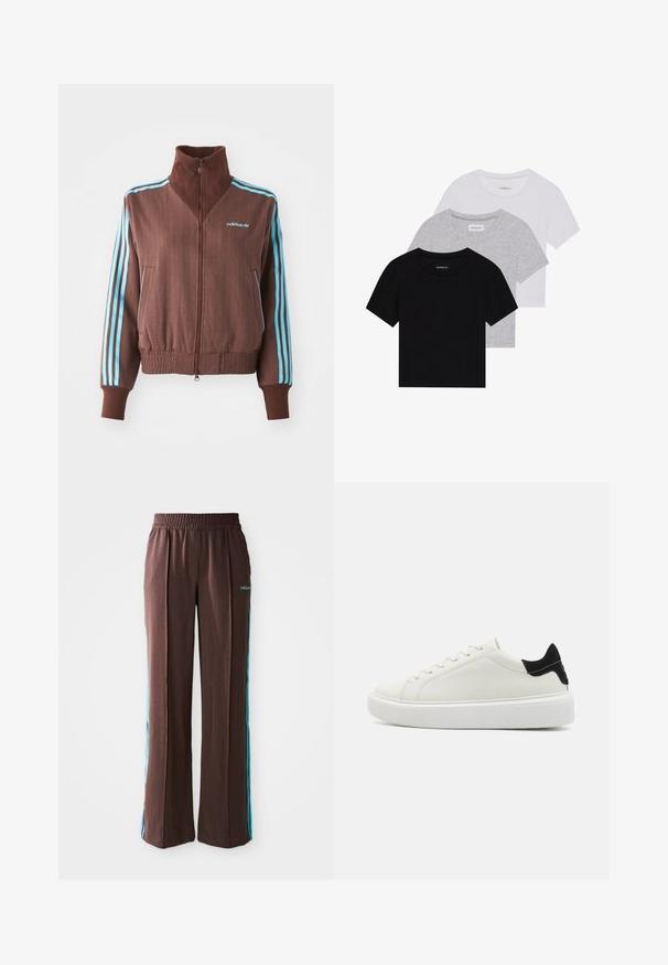 Barna cipzáras dzseki bordázott textúrával, türkiz színű háromcsíkos díszítéssel a vállakon és ujjakon, valamint hímzett logóval.; Három rövidujjú póló készlet fekete, szürke és fehér színben. Pamutból készült, kerek nyakú, egyszerű, egyszínű dizájnnal.; Barna sportnadrág bordázott textúrával, rugalmas derékpánttal és türkiz oldalsávokkal. Az elején az adidas logóval rendelkezik.; Fehér bőr sportcipő, textúrázott fekete velúr sarokkal, lapos fehér gumitalppal és hat fűzőlyukkal.