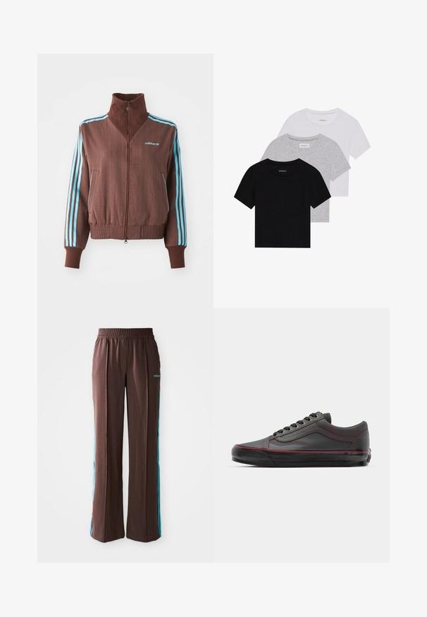 Giacca marrone con zip e texture a coste, dotata di accenti turchesi a tre strisce sulle spalle e sulle maniche, e un logo ricamato.; Set di tre t-shirt a maniche corte in nero, grigio e bianco. Realizzate in cotone, presentano un collo a giro e un design semplice in un colore solido.; Pantaloni sportivi marroni con texture a coste, vita elastica e strisce laterali turchesi. Presentano il logo adidas sul davanti.; Sneakers in pelle nera con accenti color marsala, punta arrotondata, design con lacci, cuciture visibili e suola in gomma texturizzata.