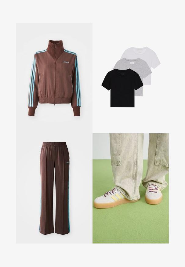 Veste zippée marron avec une texture côtelée, présentant des accents turquoise à trois rayures sur les épaules et les manches, ainsi qu'un logo brodé.; Ensemble de trois t-shirts à manches courtes en noir, gris et blanc. Fabriqués en coton, avec un col rond et un design simple de couleur unie.; Pantalons de sport marron avec une texture côtelée, une taille élastique et des rayures latérales turquoise. Arbore le logo adidas sur le devant.; Les sneakers présentent une tige en suède gris clair, trois rayures jaunes et des lacets multicolores. Semelle en gomme pour une meilleure traction. Portés avec un pantalon beige clair.