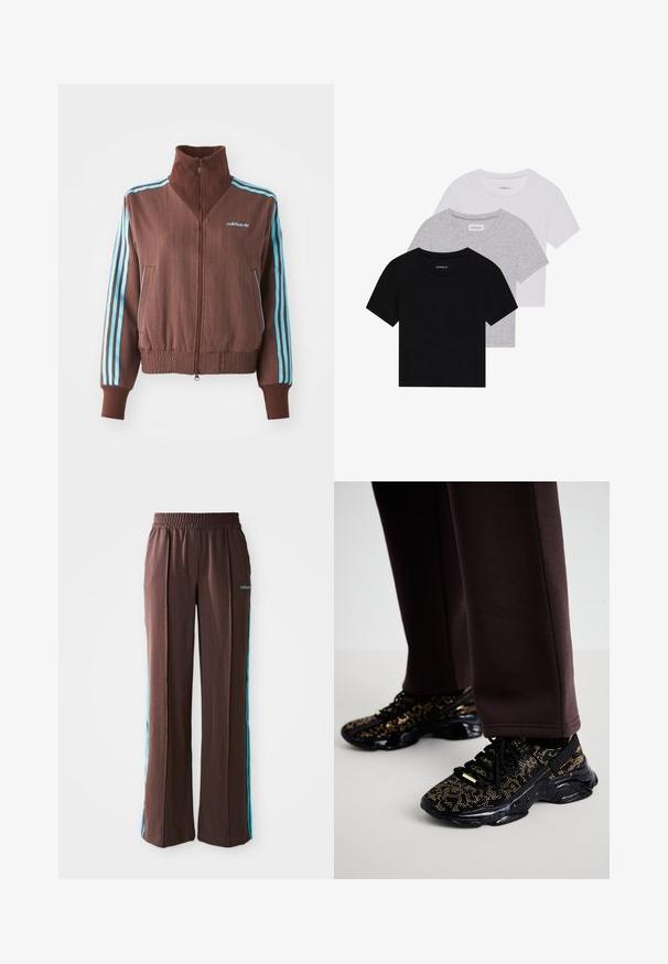 Brun zip-up jakke med ribbet tekstur, med turkise tre-stripe aksenter på skuldre og ermer, samt et brodert logo.; Sett med tre kortermede t-skjorter i svart, grått og hvitt. Laget av bomull, med rund hals og en enkel, ensfarget design.; Brune sporty bukser med ribbet tekstur, elastisk talje og turkise side striber. Har adidas-logoet på forsiden.; Svarte sneakers med gullprikker, teksturert overflate og en kraftig svart såle. Kombinert med brune joggebukser som har en tettsittende design.