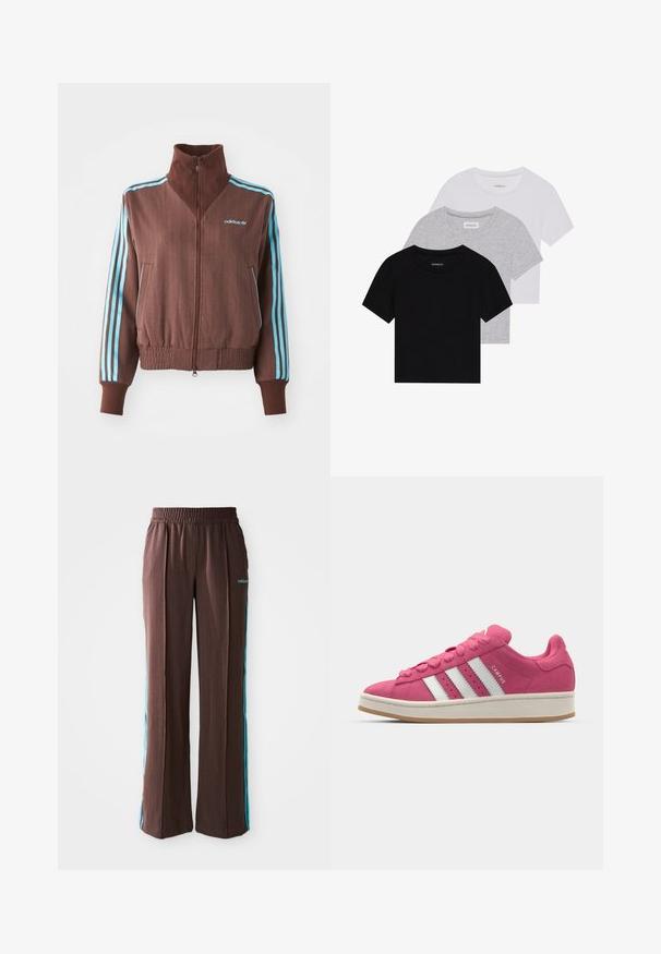 Hnědá zipová bunda s ribovanou strukturou, s tyrkysovými třemi pruhy na ramenech a rukávech a vyšitým logem.; Sada tří triček s krátkým rukávem v černé, šedé a bílé barvě. Vyrobena z bavlny, s kulatým výstřihem a jednoduchým jednobarevným designem.; Hnědé sportovní kalhoty s jemnými pruhy, elastickým pasem a tyrkysovými bočními pruhy. Na přední straně se nachází logo adidas.; adidas Originals CAMPUS 00S W - Skateboardové boty - pink fusion/core white