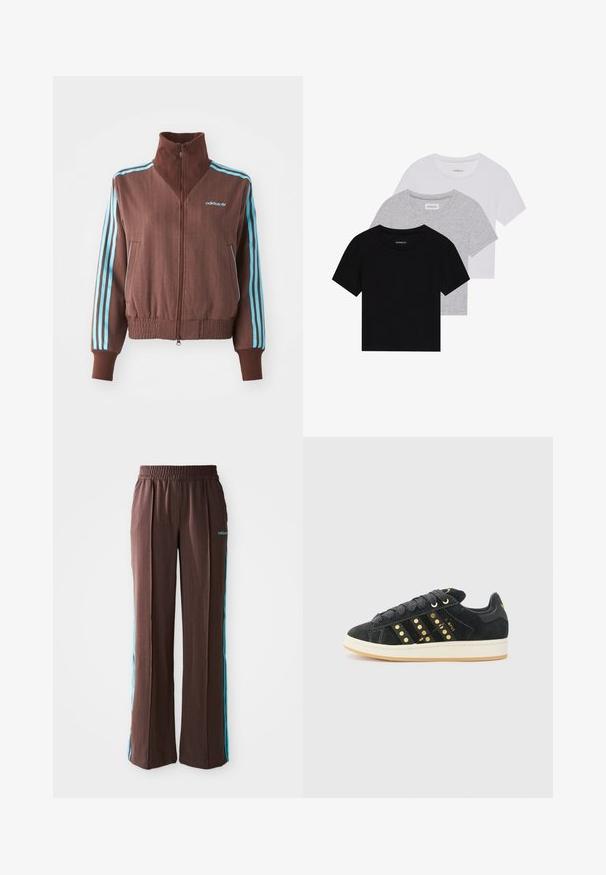 Jachetă maro cu fermoar, cu o textură nervurată, având accente turquoise cu trei dungi pe umeri și mâneci, și un logo brodat.; Set de trei tricouri cu mâneci scurte, în negru, gri și alb. Fabricate din bumbac, cu guler rotund și un design simplu, de culoare uniformă.; Pantaloni atletici maro cu textură canelată, talie elastică și dungi turcoaz pe lateral. Prezintă logo-ul adidas pe față.; adidas Originals CAMPUS 00S W - Sneakers low - core black/carbon/gold-coloured