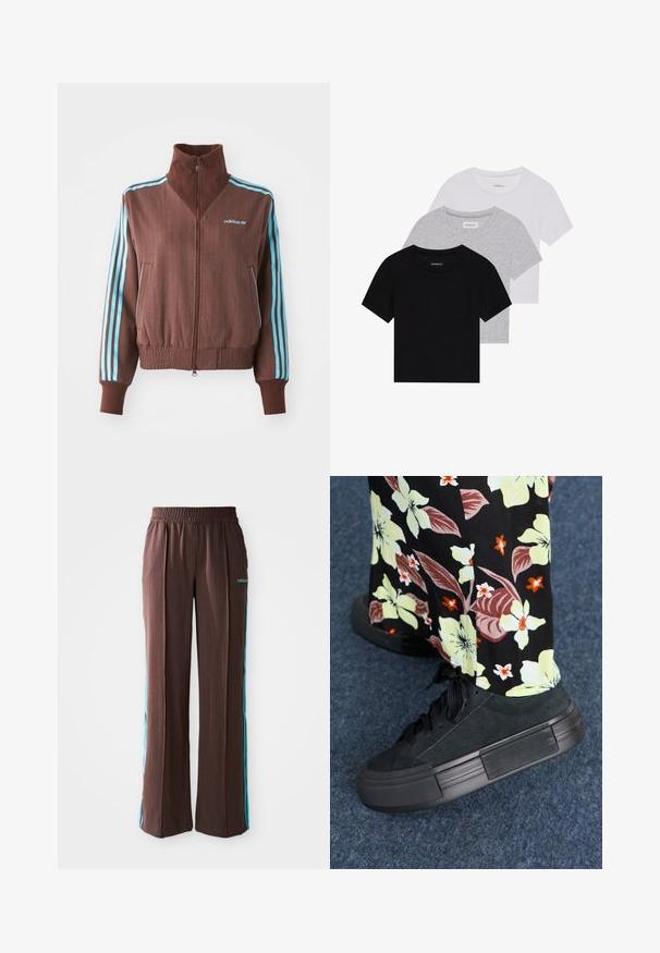 Brązowa kurtka zapinana na zamek z ryflowaną teksturą, z turkusowymi trójpaskowymi akcentami na ramionach i rękawach oraz haftowanym logo.; Zestaw trzech koszulek z krótkim rękawem w kolorze czarnym, szarym i białym. Wykonane z bawełny, z okrągłym dekoltem i prostym, jednolitym wzorem.; Brązowe spodnie sportowe o ribbowanej fakturze, z elastycznym pasem i turkusowymi paskami po bokach. Posiadają logo adidas z przodu.; Czarne zamszowe sneakersy z grubą czarną gumową podeszwą, z wiązaniami. W tle widoczna jest tkanina w kwiatowy wzór w żywych kolorach.