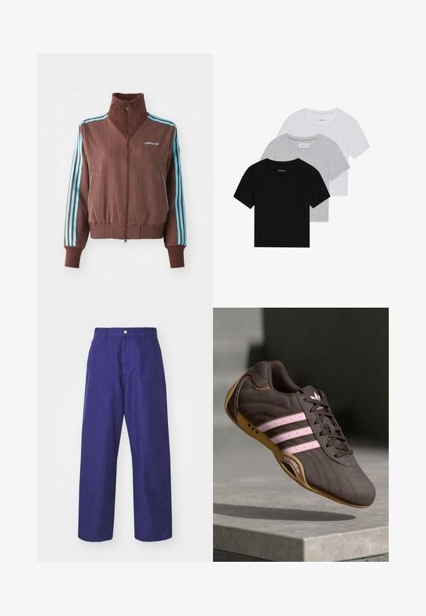 Brown zip-up jacket with a ribbed texture, featuring turquoise three-stripe accents on shoulders and sleeves, and an embroidered logo.; Set of three short-sleeve t-shirts in black, gray, and white. Made from cotton, featuring a crew neck and a simple, solid color design.; Carhartt WIP BRANDON DOUBLE KNEE PANT - Cargo trousers - aura rinsed; Brown suede athletic shoe with pink stripes and logo, featuring a textured upper, lace closure, and a gum rubber sole.
