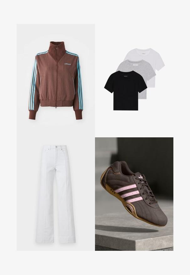 Καφέ μπουφάν με φερμουάρ και πλέξη ρίνας, χαρακτηρισμένο από τουρκουάζ τρεις ρίγες στους ώμους και τα μανίκια, καθώς και ένα κεντημένο λογότυπο.; Σετ τριών κοντομάνικων μπλουζών σε μαύρο, γκρι και άσπρο. Κατασκευασμένες από βαμβάκι, διαθέτουν λαιμόκοψη και απλό, μονόχρωμο σχέδιο.; Λευκό τζιν παντελόνι με φαρδιά πόδια και ψηλή μέση, που διαθέτει μπροστινές τσέπες, μοναδικό κούμπωμα με κουμπί και ορατές ραφές κατά μήκος των ραφών.; Καφέ σουέντ αθλητικό παπούτσι με ροζ ρίγες και λογότυπο, με υφή στο επάνω μέρος, κλείσιμο με κορδόνια και σόλα από καουτσούκ.