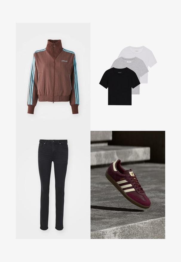 Brun zip-up jacka med ribbad textur, som har turkosa tre-strimmiga detaljer på axlar och ärmar, samt en broderad logotyp.; Set med tre kortärmade t-shirts i svart, grått och vitt. Tillverkade av bomull, med rund hals och en enkel, enfärgad design.; Svarta denimjeans med slim fit, som har fem fickor, dragkedjeslutning och silverfärgade detaljer. Slät textur med minimal blekning.; Vinröd sneaker med texturerat läder, tre vita ränder och gulddetaljer. Gummisula, klassisk Samba-design och andningsbara meshdetaljer.