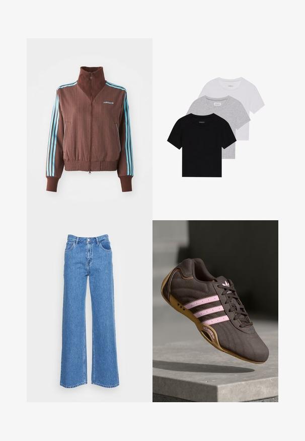Rjava zadrgo jakna z rebrastim teksturo, ki ima turkizne tri črte na ramenskem in rokavskem delu ter vezeno logo.; Komplet treh majic s kratkimi rokavi v črni, sivi in beli barvi. Izdelane iz bombaža, z okroglim izrezom in preprostim, enobarvnim dizajnom.; Modre široke kavbojke z visokim pasom, ki imajo dve sprednji žep in gumbasto zapiranje. Tkanina ima rahlo teksturiran zaključek.; Rjave semiš tene za šport z rožnatimi črtami in logotipom, ki imajo teksturirano zgornji del, vezalke in podplat iz gume.