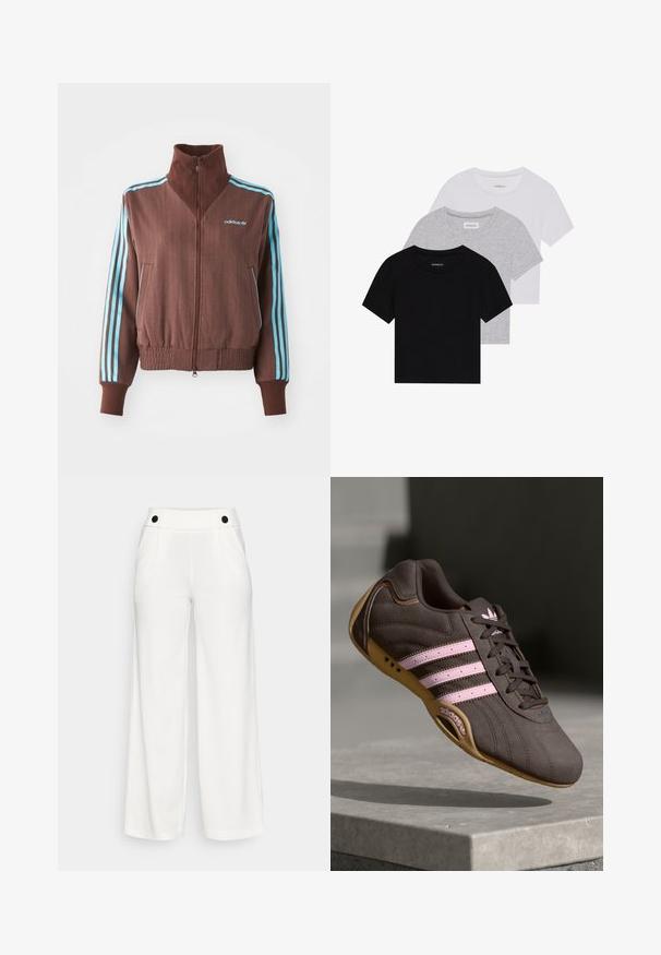 Brązowa kurtka zapinana na zamek z ryflowaną teksturą, z turkusowymi trójpaskowymi akcentami na ramionach i rękawach oraz haftowanym logo.; Zestaw trzech koszulek z krótkim rękawem w kolorze czarnym, szarym i białym. Wykonane z bawełny, z okrągłym dekoltem i prostym, jednolitym wzorem.; Białe spodnie o szerokich nogawkach wykonane z gładkiego materiału. Posiadają wysoki stan z czarnymi guzikami jako akcentami oraz dwoma bocznymi kieszeniami.; Brązowy zamszowy but sportowy z różowymi paskami i logo, z teksturowaną cholewką, sznurowaniem i gumową podeszwą.