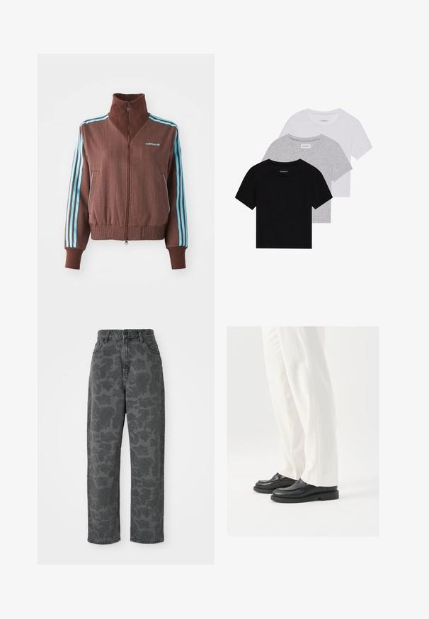 Giacca marrone con zip e texture a coste, dotata di accenti turchesi a tre strisce sulle spalle e sulle maniche, e un logo ricamato.; Set di tre t-shirt a maniche corte in nero, grigio e bianco. Realizzate in cotone, presentano un collo a giro e un design semplice in un colore solido.; Jeans in denim grigio con motivo floreale, vita alta, gamba diritta e design classico a cinque tasche. Tessuto resistente con una leggera texture.; Mocassini neri in pelle con una texture liscia, dettagli in cucitura e punta arrotondata, abbinati a pantaloni bianchi su misura.