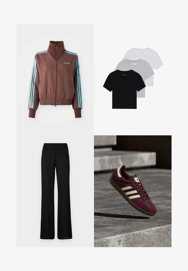 Bruine zip-up jas met een geribbelde textuur, voorzien van turquoise drie-strepen accenten op de schouders en mouwen, en een geborduurd logo.; Set van drie korte mouwen t-shirts in zwart, grijs en wit. Gemaakt van katoen, met een ronde hals en een eenvoudig, effen kleurontwerp.; Zwarte wijde broek met een smock-taile, gemaakt van lichtgewicht stof met een subtiele textuur en een rechte, vloeiende snit.; Bordeauxrode sneaker met getextureerd leer, drie witte strepen en gouden accenten. Rubberen zool, klassiek Samba-ontwerp en ademende mesh details.