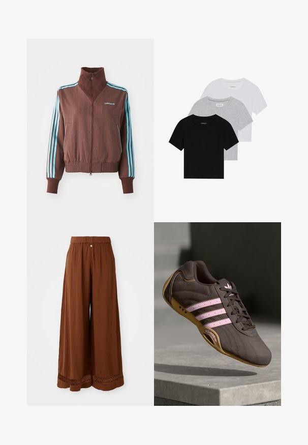 Brown zip-up jacket with a ribbed texture, featuring turquoise three-stripe accents on shoulders and sleeves, and an embroidered logo.; Set of three short-sleeve t-shirts in black, gray, and white. Made from cotton, featuring a crew neck and a simple, solid color design.; Wide-leg brown trousers made from textured fabric, featuring a gathered waistband and lace detailing at the hem.; Brown suede athletic shoe with pink stripes and logo, featuring a textured upper, lace closure, and a gum rubber sole.