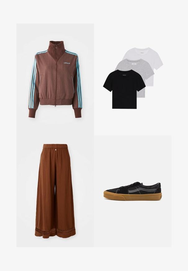 Jachetă maro cu fermoar, cu o textură nervurată, având accente turquoise cu trei dungi pe umeri și mâneci, și un logo brodat.; Set de trei tricouri cu mâneci scurte, în negru, gri și alb. Fabricate din bumbac, cu guler rotund și un design simplu, de culoare uniformă.; Pantaloni largi de culoare maro dintr-un material texturat, cu un talie strânsă și detalii din dantelă la margine.; Adidași din suede negru cu cusături albe și dungi laterale semnătură, având o talpă din cauciuc maro și un design low-top. Încâlțați cu șnururi negre.