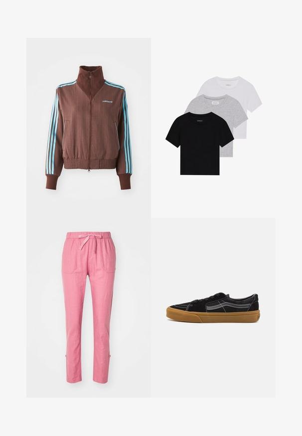 Brown zip-up jacket with a ribbed texture, featuring turquoise three-stripe accents on shoulders and sleeves, and an embroidered logo.; Set of three short-sleeve t-shirts in black, gray, and white. Made from cotton, featuring a crew neck and a simple, solid color design.; Pink linen trousers with an elastic waistband, drawstring, and two front pockets. Straight cut with side slits at the hem.; Black suede sneakers with white stitching and signature side stripe, featuring a tan rubber sole and low-top design. Laced with black shoelaces.
