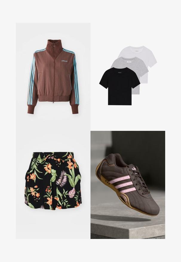 Brun zip-up jakke med ribbet tekstur, der har turkise tre-stribe accenter på skuldrene og ærmerne samt et broderet logo.; Sæt af tre kortærmede t-shirts i sort, grå og hvid. Fremstillet af bomuld, har en rund hals og et enkelt, ensfarvet design.; Sorte shorts med et farverigt blomsterdesign med orange og grønne elementer, elastisk talje med snor og sidelommer.; Brune ruskind atletik sko med pink striber og logo, med en tekstureret overdel, snørebåndslukning og en gummirubbersål.
