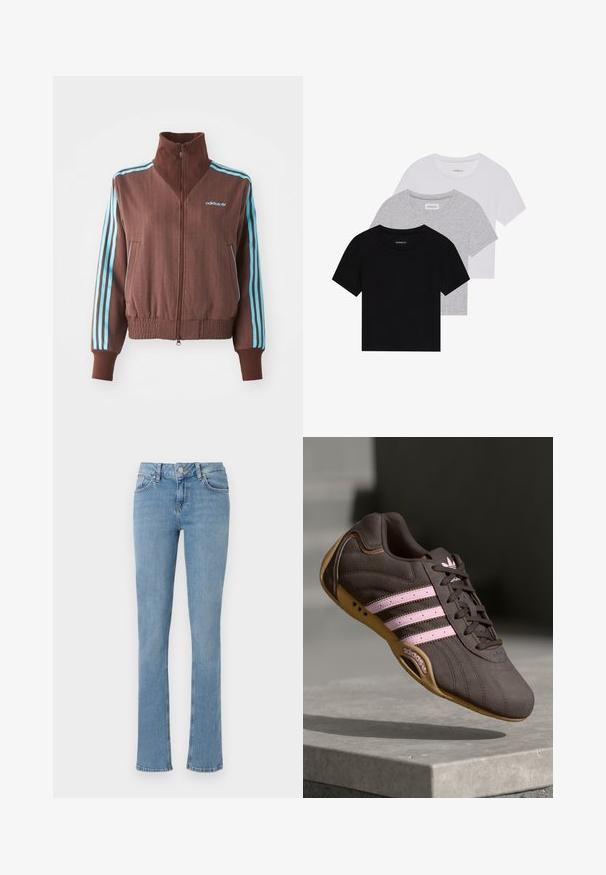 Smeđa jakna na zip s rebrastom teksturom, koja ima tirkizne trostruke akcentne pruge na ramenima i rukavima, te izvezeni logo.; Set od tri majice kratkih rukava u crnoj, sivoj i bijeloj boji. Izrađene od pamuka, s okruglim izrezom i jednostavnim, jednobojnim dizajnom.; Svijetloplave traperice s izrezanom nogavicom, s klasičnim dizajnom od pet džepova, kopčanjem na gumb i vidljivim šavovima.; Smeđi suedeski atletski tenisice s ružičastim prugama i logotipom, s teksturiranim gornjim dijelom, vezanjem na vezice i gumiranim potplatom.
