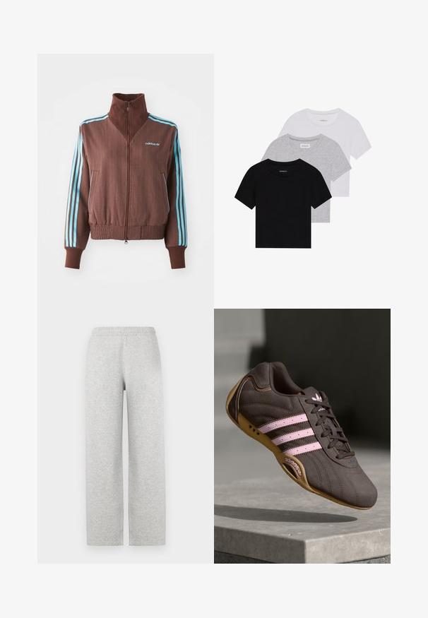 Hnědá zipová bunda s ribovanou strukturou, s tyrkysovými třemi pruhy na ramenech a rukávech a vyšitým logem.; Sada tří triček s krátkým rukávem v černé, šedé a bílé barvě. Vyrobena z bavlny, s kulatým výstřihem a jednoduchým jednobarevným designem.; Šedé, měkké tepláky s volným střihem, elastickým pasem a rovnými nohavicemi. Žádné viditelné kapsy ani další ozdoby.; Hnědé semišové sportovní boty s růžovými pruhy a logem, s texturovaným svrškem, šněrováním a gumovou podrážkou.