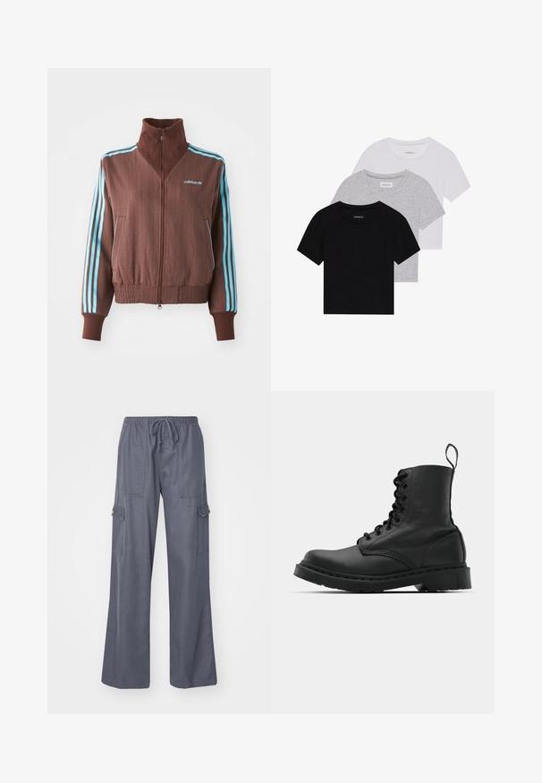 Chaqueta marrón con cremallera y textura acanalada, que presenta acentos de tres rayas turquesa en los hombros y las mangas, y un logotipo bordado.; Conjunto de tres camisetas de manga corta en negro, gris y blanco. Están hechas de algodón, cuentan con cuello redondo y un diseño simple de un solo color.; Pantalones cargo grises con cintura ajustable, piernas anchas y dos bolsillos laterales. Hechos de una tela suave y ligera.; Botín de combate de cuero negro con punta redonda, parte delantera con cordones y una lengüeta en el tobillo. Presenta una suela de goma gruesa para mayor durabilidad.