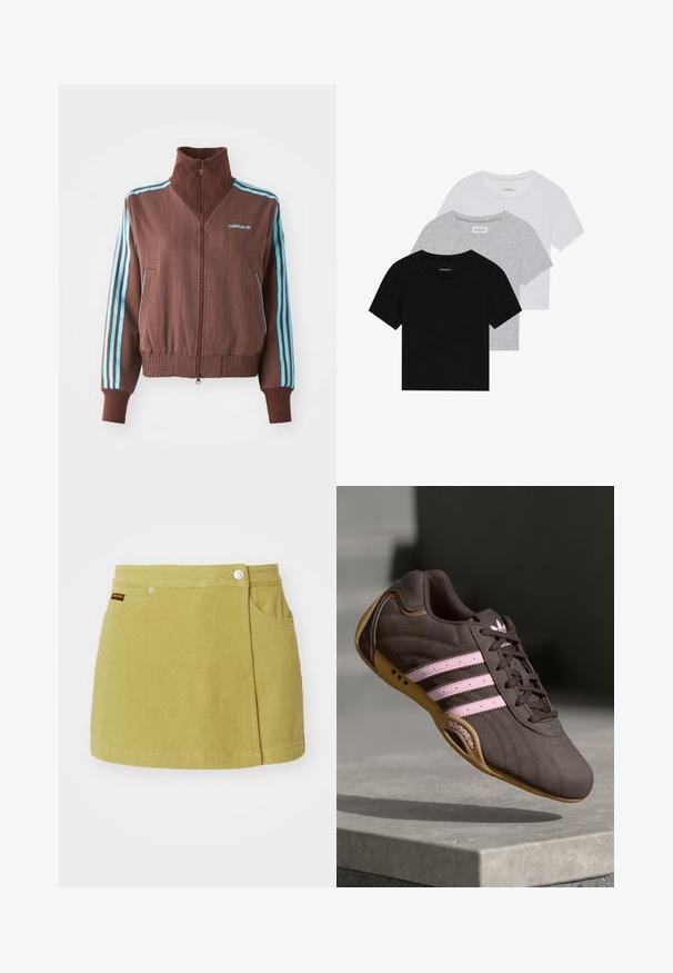 Brown zip-up jacket with a ribbed texture, featuring turquoise three-stripe accents on shoulders and sleeves, and an embroidered logo.; Set of three short-sleeve t-shirts in black, gray, and white. Made from cotton, featuring a crew neck and a simple, solid color design.; Green denim skirt with two side pockets, a front button closure, and a straight cut. Features a small brand logo on the waistband.; Brown suede athletic shoe with pink stripes and logo, featuring a textured upper, lace closure, and a gum rubber sole.