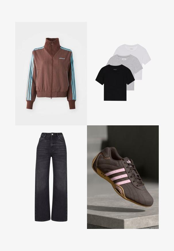 Chaqueta marrón con cremallera y textura acanalada, que presenta acentos de tres rayas turquesa en los hombros y las mangas, y un logotipo bordado.; Conjunto de tres camisetas de manga corta en negro, gris y blanco. Están hechas de algodón, cuentan con cuello redondo y un diseño simple de un solo color.; 2Y Studios NAYA BASIC LIGHT - Pernera ancha - washed black; Zapatilla deportiva de ante marrón con rayas y logotipo en rosa, con parte superior texturizada, cierre de cordones y suela de goma.