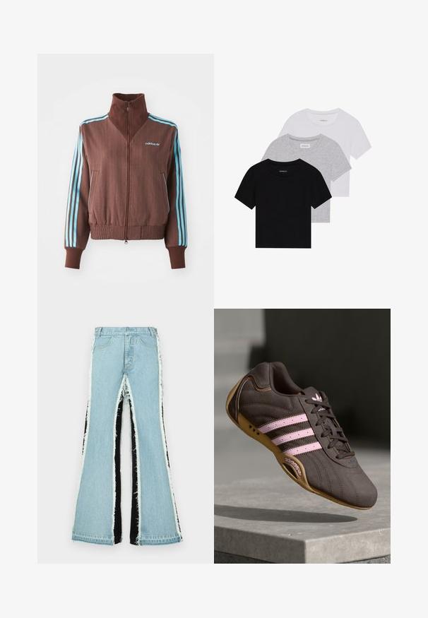 Jachetă maro cu fermoar, cu o textură nervurată, având accente turquoise cu trei dungi pe umeri și mâneci, și un logo brodat.; Set de trei tricouri cu mâneci scurte, în negru, gri și alb. Fabricate din bumbac, cu guler rotund și un design simplu, de culoare uniformă.; Blugi evazați de culoare albastru deschis, cu panouri laterale negre, margini desfăcute și un design cu talie înaltă. Prezintă buzunare standard și bucle pentru curea.; Pantofii sport din nubuc maro cu dungi și logo roz, având un material superior texturat, închidere cu șireturi și o talpă din cauciuc gumos.